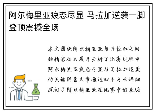 阿尔梅里亚疲态尽显 马拉加逆袭一脚登顶震撼全场