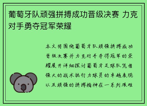 葡萄牙队顽强拼搏成功晋级决赛 力克对手勇夺冠军荣耀