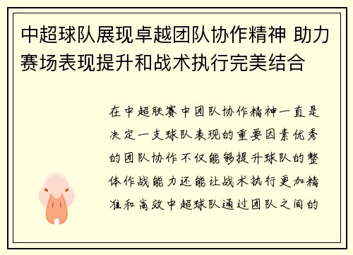 中超球队展现卓越团队协作精神 助力赛场表现提升和战术执行完美结合
