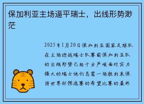 保加利亚主场逼平瑞士，出线形势渺茫