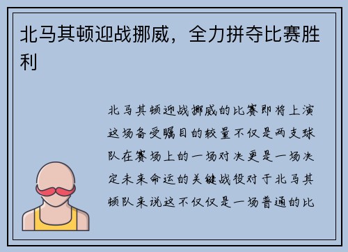 北马其顿迎战挪威，全力拼夺比赛胜利