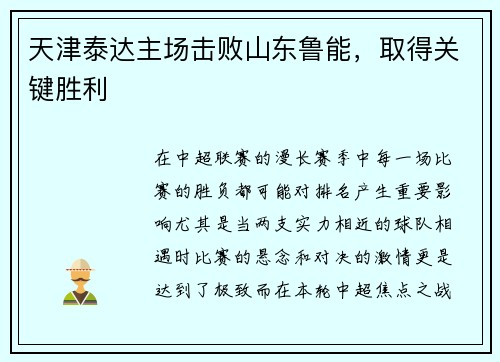 天津泰达主场击败山东鲁能，取得关键胜利