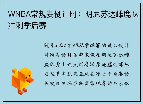 WNBA常规赛倒计时：明尼苏达雌鹿队冲刺季后赛