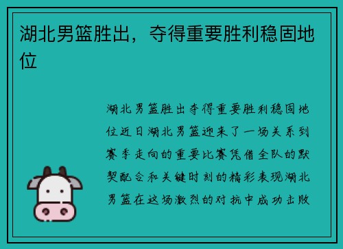 湖北男篮胜出，夺得重要胜利稳固地位