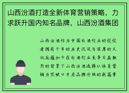 山西汾酒打造全新体育营销策略，力求跃升国内知名品牌，山西汾酒集团球队