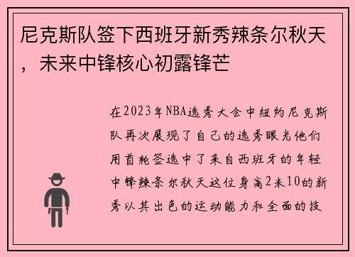 尼克斯队签下西班牙新秀辣条尔秋天，未来中锋核心初露锋芒