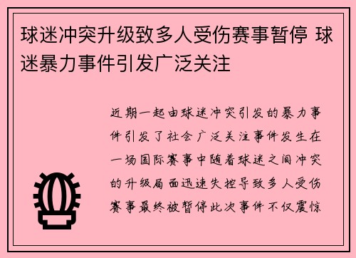 球迷冲突升级致多人受伤赛事暂停 球迷暴力事件引发广泛关注