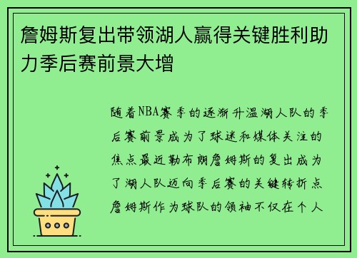 詹姆斯复出带领湖人赢得关键胜利助力季后赛前景大增